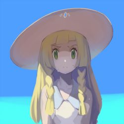 Rule 34 | 10s, 1girl, blonde hair, blue sky, braid, closed mouth, collarbone, creatures (company), day, dress, frown, game freak, green eyes, hat, lillie (pokemon), long hair, looking at viewer, nintendo, ocean, outdoors, pokemon, pokemon sm, ponimu, sky, solo, sweat, twin braids, upper body, water, white dress, white hat