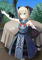 Rule 34 | 1girl, alternate costume, animal, animal ears, bad id, bad pixiv id, bare shoulders, black cat, blonde hair, blue bow, blue dress, blue sky, blush, bow, cat, cat ears, cat tail, day, dress, elbow gloves, gloves, green eyes, heinrike prinzessin zu sayn-wittgenstein, holding, imochitan, imotitan, long hair, looking at viewer, noble witches, outdoors, sky, sleeveless, sleeveless dress, smile, solo, strike witches, stuffed animal, stuffed cat, stuffed toy, table, tablecloth, tail, tree, white gloves, world witches series