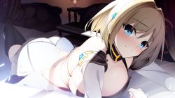 Rule 34 | 1girl, absurdres, ass, bare shoulders, black thighhighs, blonde hair, blue eyes, blush, breasts, cleavage, hair ornament, highres, large breasts, looking at viewer, lying, netarou, on stomach, original, short hair, skirt, smile, solo, thighhighs, thighs, white skirt