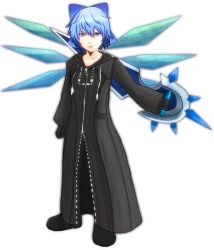 Rule 34 | 1girl, bad id, bad pixiv id, black coat (kingdom hearts), blue hair, bow, cirno, cosplay, full body, gloves, hair bow, kingdom hearts, kotubu, organization xiii, power connection, shield, short hair, solo, touhou, transparent background, vexen, vexen (cosplay)
