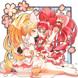 Rule 34 | 10s, 2girls, ao yasai, barefoot, blonde hair, blush, bow, cherry blossoms, cream, cure melody, cure rhythm, dress, closed eyes, feet, frills, hair bow, houjou hibiki, minamino kanade, multiple girls, pink hair, precure, restrained, soles, suggestive fluid, suite precure, tears, toes, twintails, yuri