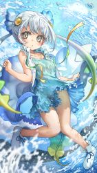 Rule 34 | 1girl, absurdres, bare shoulders, blue dress, breasts, collarbone, dress, floating, grey eyes, grey hair, groin, highres, kemono friends, knees together feet apart, looking at viewer, medium breasts, melaton, open mouth, skyfish (kemono friends), solo, sparkle, water, white footwear