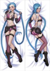 Rule 34 | 1girl, arm tattoo, artist request, ass, bandaid, bandaid on knee, bandaid on leg, belt, bikini, bikini top only, black gloves, blue hair, blush, boots, braid, breasts, dakimakura (medium), finger to mouth, fingerless gloves, gloves, jinx (league of legends), league of legends, lipstick, long hair, lying, makeup, midriff, multiple views, on back, on side, short shorts, shorts, single thighhigh, small breasts, swimsuit, tagme, tattoo, thighhighs, twin braids, very long hair
