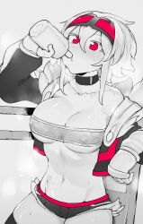 Rule 34 | 1girl, absurdres, arm up, black choker, blush, boxing ring, breasts, choker, cleavage, collarbone, covered erect nipples, cropped jacket, drinking, fingerless gloves, glass bottle, gloves, goggles, goggles on head, greyscale, highres, large breasts, long bangs, long sleeves, medium breasts, midriff, mma gloves, monochrome, navel, niwamaru (niwarhythm), niwarhythm, original, red eyes, shiny skin, short shorts, shorts, solo, spot color, strapless, sweat, toned, tube top, underboob, white background, white gloves