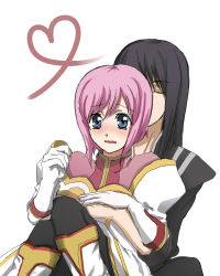Rule 34 | 00s, 1boy, 1girl, blue eyes, blush, bob cut, boots, closed eyes, estellise sidos heurassein, gloves, heart, hug, hug from behind, pink hair, ringed eyes, short hair, simple background, tales of (series), tales of vesperia, wavy mouth, white background, white gloves, yuri lowell