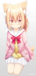 Rule 34 | 1girl, animal ears, blonde hair, blush, bow, brown eyes, closed mouth, commentary request, gradient background, grey background, hair between eyes, hair bow, highres, jacket, long sleeves, looking at viewer, miike-chan, nakkar, open clothes, open jacket, original, pink jacket, pleated skirt, sailor collar, seiza, shirt, sitting, skirt, sleeves past wrists, socks, solo, tail, twitter username, white background, white bow, white sailor collar, white skirt, white socks, yellow shirt