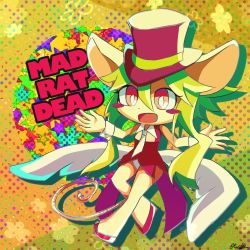 Rule 34 | 1girl, animal ears, blush stickers, breasts, chibi, green hair, hat, highres, leotard, mad rat dead, mouse (animal), mouse ears, mouse girl, mouse tail, nippon ichi, rat god, red eyes, tail, top hat, wings, wrist cuffs