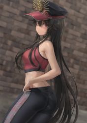 Rule 34 | 1girl, absurdres, ass, bare arms, bare shoulders, black headwear, black pants, blurry, blurry background, blush, breasts, closed mouth, commentary, depth of field, fate/grand order, fate (series), free style (yohan1754), from behind, hair between eyes, highres, long hair, looking at viewer, looking back, medium breasts, oda nobunaga (fate), oda nobunaga (koha-ace), pants, sidelocks, solo, sports bra, track pants