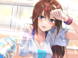 Rule 34 | 1girl, blue eyes, bottle, bra strap, breasts, brown hair, casual, cleavage, hair ornament, hairclip, highres, hololive, long hair, open mouth, pikouros4869, shirt, solo, sweat, t-shirt, tokino sora, upper body, virtual youtuber, water bottle, wet, wet clothes, wet shirt, wristband