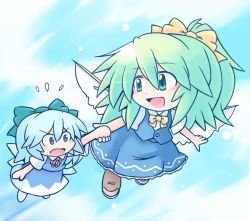 Rule 34 | &gt;:o, 216, 2girls, :d, :o, ascot, blue dress, blue eyes, blue hair, blush, bow, chibi, cirno, cloud, commentary request, daiyousei, dress, fairy wings, flying, flying sweatdrops, full body, green eyes, green hair, hair between eyes, hair bow, holding hands, loafers, looking at another, looking back, multiple girls, open mouth, outdoors, shoes, side ponytail, skirt, skirt set, sky, smile, touhou, v-shaped eyebrows, vest, wings