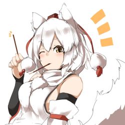 Rule 34 | 1girl, alternate eye color, bare shoulders, blush, breasts, commentary request, detached sleeves, food, food in mouth, hair between eyes, hand up, hat, holding, holding food, houkai (collapse illust), inubashiri momiji, large breasts, long sleeves, mouth hold, partial commentary, pocky, pom pom (clothes), silver hair, simple background, solo, tail, tokin hat, touhou, upper body, white background, wolf tail, yellow eyes