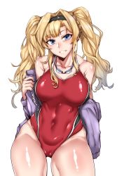 Rule 34 | 1girl, absurdres, blonde hair, blue eyes, breasts, cameltoe, competition swimsuit, covered navel, cowboy shot, gggg, goggles, goggles around neck, granblue fantasy, hair intakes, highres, jacket, large breasts, long hair, looking at viewer, one-piece swimsuit, open clothes, open jacket, parted lips, purple jacket, red one-piece swimsuit, simple background, smile, solo, swimsuit, twintails, white background, zeta (granblue fantasy)