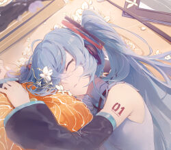 Rule 34 | 1girl, blue hair, closed eyes, detached sleeves, flower, hair ornament, hatsune miku, highres, lying, number tattoo, on side, sleeping, solo, tattoo, twintails, vocaloid, white flower, yi ren fen mu
