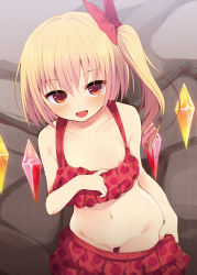 Rule 34 | 1girl, blonde hair, blush, breasts, clothes pull, fang, flandre scarlet, gradient background, looking at viewer, navel, nigo (aozoragarou), nipples, one-piece swimsuit pull, open mouth, pussy, red eyes, short hair, side ponytail, small breasts, smile, solo, swimsuit, touhou, wings
