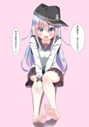 Rule 34 | 10s, 1girl, absurdres, bare legs, barefoot, blue eyes, blue hair, blush, feet, foot focus, hat, hibiki (kancolle), highres, kantai collection, legs, long hair, looking at viewer, open mouth, oyumaru0, soles, thighs, toes, translated