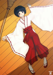 Rule 34 | 1girl, broom, hakama, hakama skirt, japanese clothes, lying, mahito, miko, on back, on floor, original, red hakama, short hair, skirt, solo, tabi, wooden floor