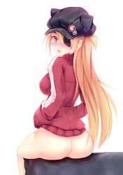 Rule 34 | 10s, 1girl, :o, ass, bad id, bad pixiv id, blue eyes, blush, bottomless, brown hair, evangelion: 3.0 you can (not) redo, eyepatch, from behind, hands in pockets, highres, jacket, long hair, looking at viewer, looking back, minazuki (jo), naked jacket, neon genesis evangelion, rebuild of evangelion, sitting, solo, souryuu asuka langley, track jacket, white background