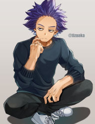 Rule 34 | 1boy, arm rest, bags under eyes, black pants, boku no hero academia, drop shadow, expressionless, facing viewer, hand up, highres, indian style, male focus, messy hair, pants, purple eyes, purple hair, scratching cheek, shinsou hitoshi, shoes, short hair, simple background, sitting, sleeves pushed up, sneakers, solo, spiked hair, sweater, tonbanlove, twitter username, white footwear