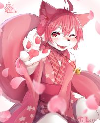 Rule 34 | 1girl, absurdres, ahoge, animal ear fluff, animal ears, bell, blush, borrowed character, claws, female focus, fox ears, fox tail, furry, furry female, highres, japanese clothes, jewelry, jingle bell, kawazu tika, kimono, multiple tails, necklace, obi, one eye closed, open mouth, original, pink hair, sash, solo, tail, waving, white fur