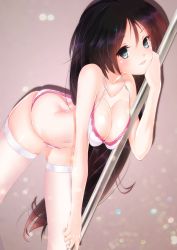 Rule 34 | 1girl, black hair, blue eyes, bra, breast press, breasts, butt crack, cleavage, highres, kaito-tan, large breasts, legs, long hair, navel, original, parted lips, pink bra, pole, pole dancing, shiny skin, skindentation, solo, stripper pole, thighhighs, underwear, white thighhighs