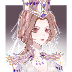 Rule 34 | 1girl, artist request, bibi dong (douluo dalu), cleavage cutout, closed mouth, clothing cutout, collar, crown, douluo dalu, highres, jewelry, looking at viewer, necklace, ponytail, purple hair, second-party source, shoulder cutout, solo, upper body, veil