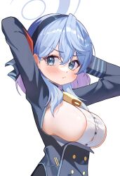 Rule 34 | 1girl, absurdres, ako (blue archive), alpha beast, arms behind head, black hairband, black jacket, blue archive, blue eyes, blue hair, blue halo, blush, breasts, closed mouth, hair between eyes, hairband, halo, highres, jacket, large breasts, long hair, long sleeves, looking at viewer, sideboob, simple background, solo, white background, white hair