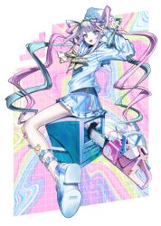 Rule 34 | 1girl, absurdres, afternooners, ankle strap, blue eyes, blue hair, blunt bangs, border, bow, bowtie, broken screen, chainsaw, chouzetsusaikawa tenshi-chan, crt, double v, empty eyes, eyeliner, full body, grid background, hair bow, highres, iridescent, long hair, long sleeves, looking at viewer, makeup, multicolored hair, multiple hair bows, nail polish, needy girl overdose, open mouth, outside border, pink hair, platform footwear, platform heels, pleated skirt, school uniform, serafuku, sitting, sitting on object, skirt, smile, solo, streaked hair, swept bangs, swirl, turning head, twintails, v, very long hair, white border, yellow bow, yellow bowtie