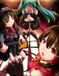 Rule 34 | 3girls, akiyama mio, aqua hair, black hair, breasts, brown hair, crossover, detached sleeves, dress, female focus, fingerless gloves, gloves, guitar, hakurei reimu, hatsune miku, headdress, highres, instrument, japanese clothes, k-on!, left-handed, long hair, looking back, magukappu, microphone, microphone stand, miko, multiple girls, open mouth, skirt, speaker, thighhighs, touhou, twintails, vocaloid