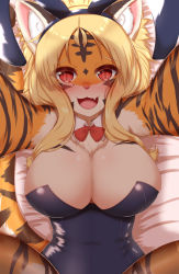 Rule 34 | 1girl, :3, :d, animal ear fluff, animal ears, animal nose, black fur, black leotard, blonde hair, blush, body fur, bow, bowtie, breasts, covered navel, detached collar, fake animal ears, furry, furry female, highres, horokusa (korai), large breasts, leotard, long hair, looking at viewer, lying, on back, on bed, open mouth, orange fur, original, pantyhose, playboy bunny, rabbit ears, red bow, red bowtie, red eyes, slit pupils, smile, solo, strapless, strapless leotard, tail, tiger, tiger ears, tiger girl, tiger stripes, tiger tail, white fur