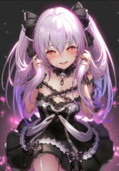 Rule 34 | 1girl, black background, black dress, blush, breasts, cleavage, commentary, detached collar, dress, eyelashes, garter straps, hair between eyes, hair ribbon, highres, holding, holding own hair, hololive, kakage, light particles, long hair, looking at viewer, medium breasts, nail polish, off-shoulder dress, off shoulder, open mouth, pink hair, pink nails, red eyes, ribbon, simple background, skull, smile, solo, thighhighs, thighs, twintails, two side up, uruha rushia, uruha rushia (3rd costume), virtual youtuber, white thighhighs