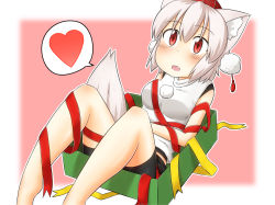 Rule 34 | 1girl, animal ears, bike shorts, blush, box, breasts, detached sleeves, elu butyo, gift, gift box, hat, heart, inubashiri momiji, looking at viewer, open mouth, pom pom (clothes), red eyes, short hair, silver hair, skirt, smile, solo, speech bubble, tail, tokin hat, touhou, wolf ears, wolf tail