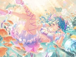 Rule 34 | 1girl, air bubble, animal, anklet, aqua hair, armband, bang dream!, bare legs, bare shoulders, bikini, bikini top only, blush, bow, bubble, crown, drumsticks, fish, frills, goldfish, hair ornament, hands on own cheeks, hands on own face, high heels, holding, holding drumsticks, jellyfish, jewelry, light rays, long hair, looking at viewer, matsubara kanon, midriff, official art, parted lips, pink eyes, pink footwear, ribbon, shorts, smile, solo, source request, stingray, sunbeam, sunlight, swimsuit, tropical fish, underwater, wavy hair, wristband