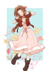 Rule 34 | 1girl, aerith gainsborough, blush, boots, bracelet, braid, braided ponytail, breasts, brown hair, choker, cleavage, closed eyes, cropped jacket, dress, final fantasy, final fantasy vii, final fantasy vii remake, flower, full body, hair ribbon, highres, jacket, jewelry, kira0902, long dress, medium breasts, open mouth, parted bangs, pink dress, pink flower, pointing, pointing at self, red jacket, ribbon, sidelocks, smile, solo, tulip, wavy hair, yellow flower