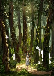 Rule 34 | 1girl, absurdres, bare arms, bare legs, bush, closed mouth, commentary, crown, dappled sunlight, day, deer, dress, english commentary, forest, fox, full body, ghost, grass, highres, holding, holding staff, moss, myango (applemangocrape), nature, original, outdoors, sleeveless, sleeveless dress, solo, staff, sunlight, tree, white dress