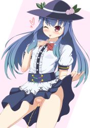 Rule 34 | 1girl, akizuki (akizuki71), black headwear, black skirt, blue hair, blush, bow, bowtie, breasts, cleft of venus, clothes lift, food, fruit, hand on own chest, hat, heart, highres, hinanawi tenshi, leaf, long hair, looking at viewer, no panties, one eye closed, peach, peeing, pink background, pussy, red eyes, red neckwear, shirt, short sleeves, skirt, skirt lift, small breasts, smile, standing, tongue, tongue out, touhou, uncensored, white shirt, wink