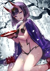 Rule 34 | 1girl, ankle ribbon, blunt bangs, breasts, cleavage, cup, fate/grand order, fate (series), headpiece, highres, holding, holding cup, horns, leg ribbon, medium breasts, oni, outdoors, purple eyes, purple hair, ribbon, sakazuki, shuten douji (fate), shuten douji (first ascension) (fate), sitting, skin-covered horns, snow, solo, terai (teraimorimori), thighs, wariza