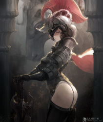 Rule 34 | 1girl, armor, ass, bamuth, black hair, garter belt, garter straps, hand on hilt, has bad revision, has downscaled revision, helmet, horse, lips, md5 mismatch, profile, resized, resolution mismatch, source smaller, standing, sword, thighhighs, upscaled, weapon