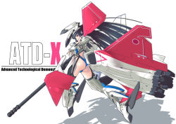 Rule 34 | 1girl, aircraft, airplane, ass, black hair, breasts, gun, highres, long hair, mecha musume, nenchi, personification, red eyes, simple background, solo, thighs, weapon