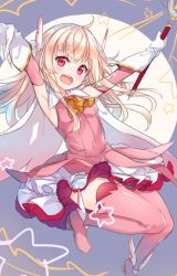 Rule 34 | 1girl, :d, bad id, bad twitter id, blush, boots, commentary, detached sleeves, fate/kaleid liner prisma illya, fate (series), gloves, hair between eyes, hair wings, head tilt, head wings, hitsukuya, holding, holding wand, illyasviel von einzbern, light brown hair, long hair, long sleeves, looking at viewer, magical ruby, open mouth, outstretched arms, pink shirt, prisma illya, red eyes, shirt, skirt, sleeveless, sleeveless shirt, smile, solo, star (symbol), teeth, thigh boots, thighhighs, two side up, upper teeth only, very long hair, wand, white footwear, white gloves, white skirt, white thighhighs, white wings, winged footwear, wings