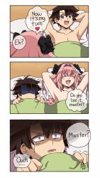Rule 34 | 2boys, 3koma, aftersex, arms behind head, artist name, astolfo (fate), bed, black bow, black hair, black ribbon, blush, bow, braid, comic, covering face, crying, english text, fang, fate/apocrypha, fate/grand order, fate (series), fujimaru ritsuka (male), hair intakes, hair ribbon, heart, highres, implied yaoi, long braid, long hair, lying, male focus, maroonabyss, multicolored hair, multiple boys, on back, on bed, open mouth, pink hair, ribbon, ruined for marriage, short hair, single braid, single tear, sparkle, streaked hair, tears, trap