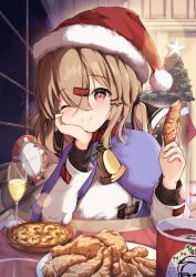 Rule 34 | absurdres, bell, brown eyes, brown hair, christmas ornaments, cup, drinking glass, eating, fried chicken, hair ornament, hairclip, hat, highres, indoors, kantai collection, kfc, long hair, looking at viewer, plate, santa hat, sudachineko, tashkent (kancolle), twintails, window