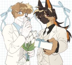 Rule 34 | 1boy, 1girl, :&lt;, animal ears, black shirt, blue eyes, blue ribbon, blue shirt, blush, body fur, bouquet, box, brown eyes, brown fur, brown hair, claws, closed mouth, collared shirt, colored inner hair, crossdressing, dog boy, dog ears, dog girl, floppy ears, flower, formal, furry, furry female, furry male, gift, gift box, grey vest, grid background, groom, hand in pocket, hands up, highres, holding, holding bouquet, incoming gift, jacket, long hair, long sleeves, looking at viewer, multicolored hair, necktie, orange hair, original, pants, rata (norahasu), ribbon, shirt, short hair, smile, striped clothes, striped vest, suit, tulip, two-tone hair, upper body, very short hair, vest, white background, white flower, white fur, white jacket, white necktie, white pants, white suit, white tulip