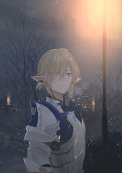 Rule 34 | 1boy, armor, bare tree, blonde hair, breastplate, breath, building, chihuri, elezen, elf, eyes visible through hair, final fantasy, final fantasy xiv, from side, green eyes, hair over one eye, highres, lamppost, looking to the side, male focus, night, night sky, outdoors, parted lips, pauldrons, pointy ears, shoulder armor, sky, snowing, solo, tree, upper body, zephirin de valhourdin