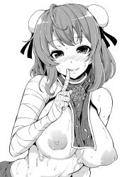 Rule 34 | 1girl, adapted costume, ayakase riberi, bandaged arm, bandages, bare shoulders, blush, breasts, bun cover, chain, chinese clothes, double bun, flower, greyscale, grin, hair bun, ibaraki kasen, index finger raised, large areolae, large breasts, looking at viewer, monochrome, naked tabard, navel, nipples, no bra, nose blush, rose, smile, solo, suggestive fluid, sweat, tabard, touhou, upper body