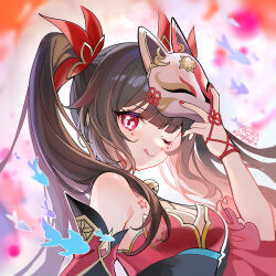 Rule 34 | 1girl, ;), ;q, bare shoulders, black sash, blunt bangs, brown hair, chest tattoo, commentary request, detached sleeves, dress, facial mark, fox mask, gou lianlian dogface, honkai: star rail, honkai (series), long hair, looking at viewer, mask, mask on head, obi, one eye closed, pink eyes, red dress, sash, smile, solo, sparkle (honkai: star rail), tattoo, tongue, tongue out, twintails, very long hair