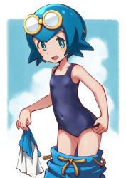 Rule 34 | 10s, 1girl, bare shoulders, blue eyes, blue hair, blunt bangs, child, clothes pull, collarbone, covered navel, creatures (company), female focus, game freak, goggles, holding, holding clothes, holding shirt, lana (pokemon), nintendo, one-piece swimsuit, open mouth, pants, pants pull, pokemon, pokemon (anime), pokemon sm, pokemon sm (anime), shirt, solo, standing, swimsuit, undressing, wokami