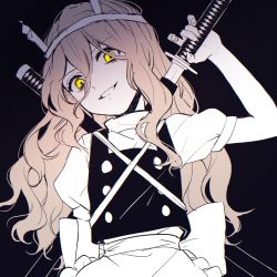 Rule 34 | 1girl, apron, arm up, back bow, black background, black vest, blonde hair, bow, commentary request, crazy, crazy eyes, fingernails, from below, hair between eyes, highres, holding, holding sword, holding weapon, jill 07km, katana, kirisame marisa, long hair, looking at viewer, parted lips, puffy short sleeves, puffy sleeves, sheath, shirt, short sleeves, simple background, smile, solo, sword, sword behind back, touhou, unsheathing, upper body, vest, wavy hair, weapon, white shirt, yellow eyes