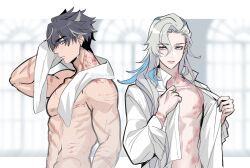 2boys abs bite_mark bite_mark_on_neck black_hair blue_hair closed_mouth collarbone collared_shirt commentary couple cowboy_shot dressing english_commentary eye_contact frilled_sleeves frills genshin_impact grey_eyes hickey long_hair long_sleeves looking_at_another male_focus mgph multicolored_hair multiple_boys multiple_scars muscular muscular_male neuvillette_(genshin_impact) nipples nude pectorals popped_collar purple_eyes scar scar_on_arm shirt short_hair sidepec streaked_hair towel towel_around_neck twitter_username white_hair white_shirt wriothesley_(genshin_impact) yaoi