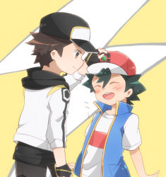 Rule 34 | 2boys, ash ketchum, baseball cap, black headwear, blue jacket, brown eyes, brown hair, closed eyes, closed mouth, commentary request, creatures (company), fingerless gloves, game freak, gloves, hand up, hat, headpat, jacket, male focus, miu (chuyu825), multiple boys, nintendo, official alternate costume, open mouth, pokemon, pokemon (anime), pokemon journeys, pokemon masters ex, red (pokemon), red (sygna suit) (thunderbolt) (pokemon), shirt, short hair, short sleeves, sleeveless, sleeveless jacket, smile, t-shirt, teeth, tongue, upper teeth only, white jacket, white shirt