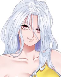 Rule 34 | 1girl, bad id, bad twitter id, bare shoulders, breasts, cleavage, collarbone, dress, face, frills, grey hair, highres, large breasts, lipstick, long hair, looking at viewer, makeup, messy hair, red eyes, sakata nemuno, sibata maru, simple background, single strap, smile, solo, teeth, touhou, white background, yellow dress